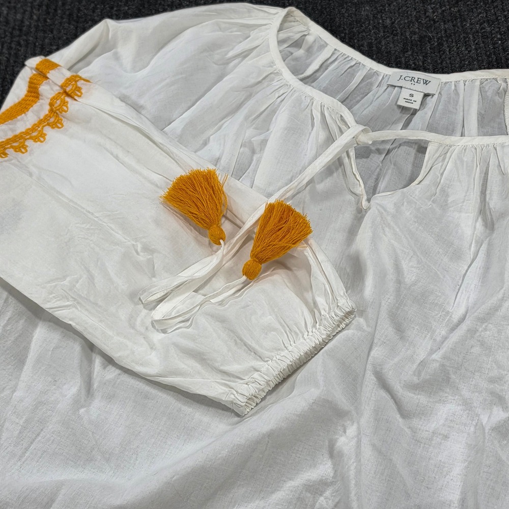 J.Crew Peasant Blouse Womens S White Good Embroidered Tassel Boho Top